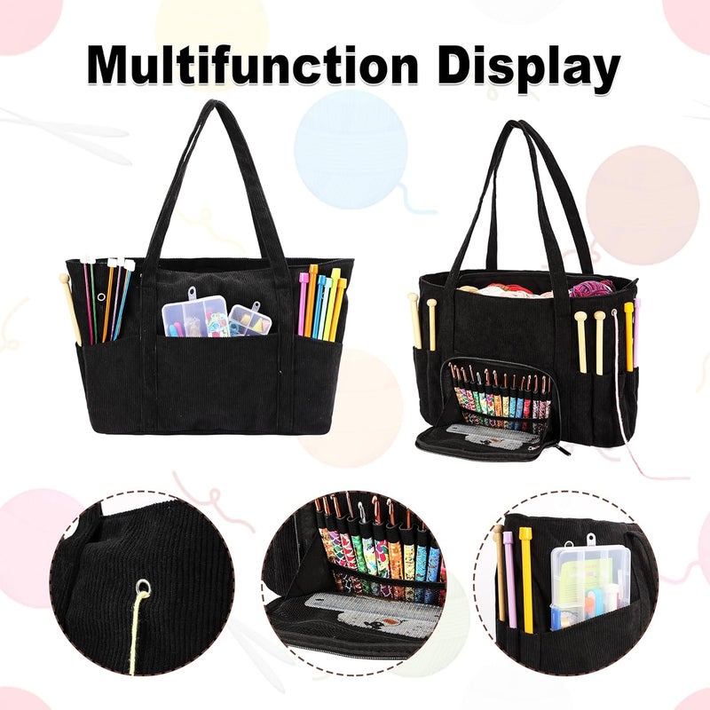 LOOEN Crochet Bag Organizer, Large Capacity Yarn Storage Bag, Portable Corduroy Knitting Bag And Totes for Travel, Used to Organize Yarn, Crochet Hooks, Ideal Gift for Crochet Lovers(Black) - Image 4